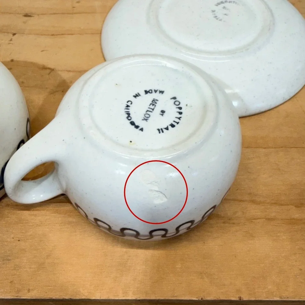 Vintage Poppytrail by Metlox Blue Wavy Squiggle Cup and Saucer Set of 2‎ CHIPPED